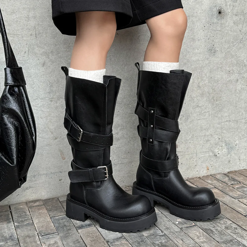 Aucegi Genuine Leather Platform Block Heels Women Belt Buckle Slip-On Knee High Boots Round Toe Fashion Modern Commuter Shoes