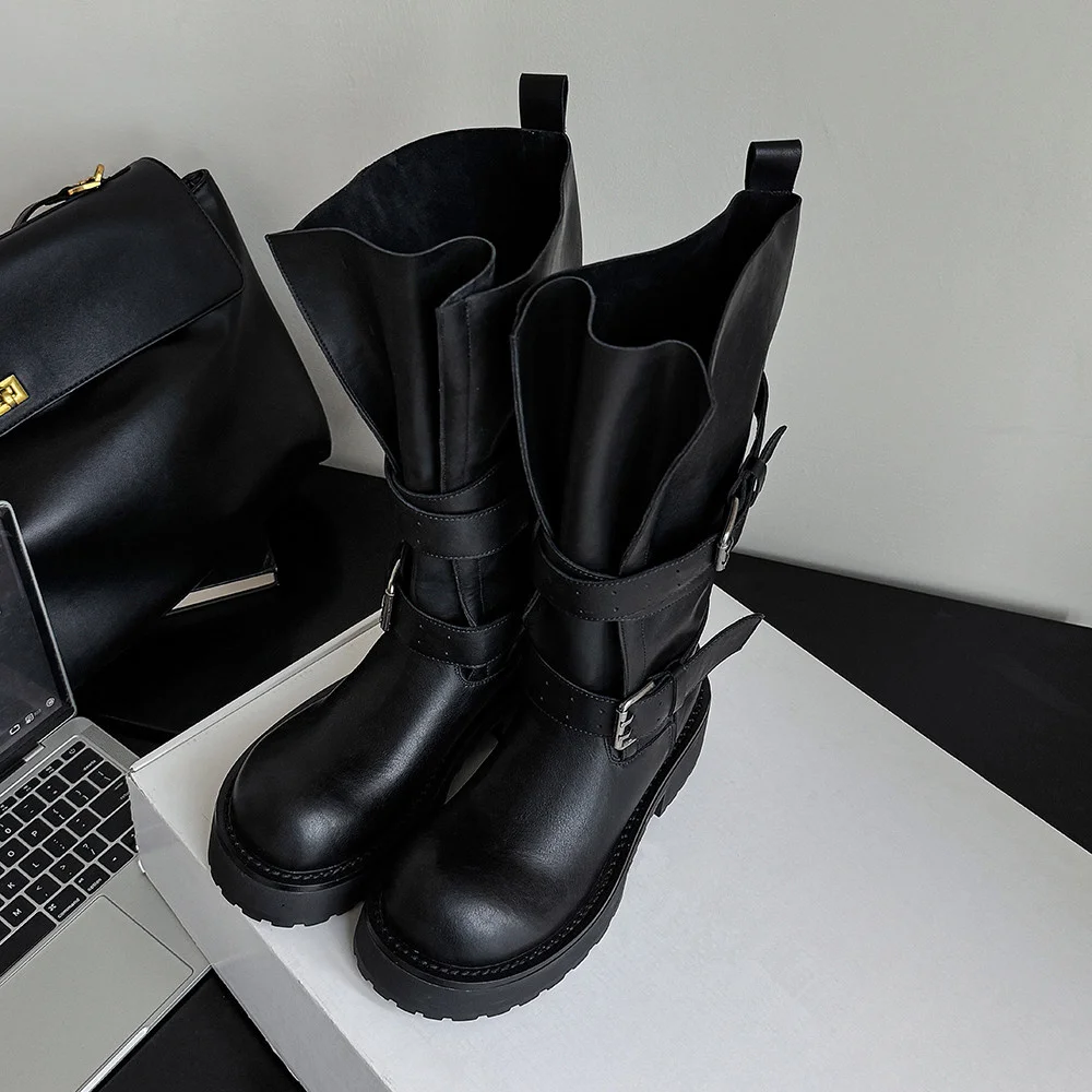 Aucegi Genuine Leather Platform Block Heels Women Belt Buckle Slip-On Knee High Boots Round Toe Fashion Modern Commuter Shoes