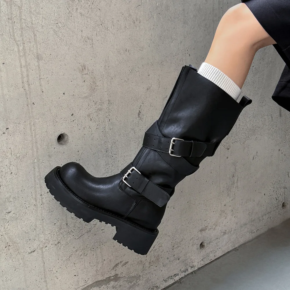 Aucegi Genuine Leather Platform Block Heels Women Belt Buckle Slip-On Knee High Boots Round Toe Fashion Modern Commuter Shoes