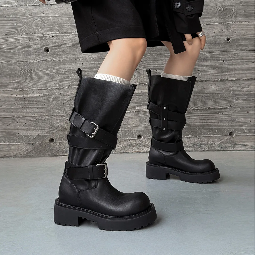 Aucegi Genuine Leather Platform Block Heels Women Belt Buckle Slip-On Knee High Boots Round Toe Fashion Modern Commuter Shoes