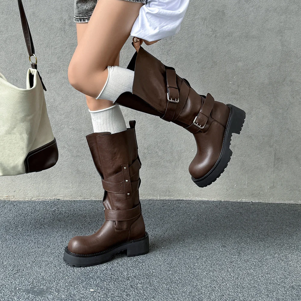 Aucegi Genuine Leather Platform Block Heels Women Belt Buckle Slip-On Knee High Boots Round Toe Fashion Modern Commuter Shoes