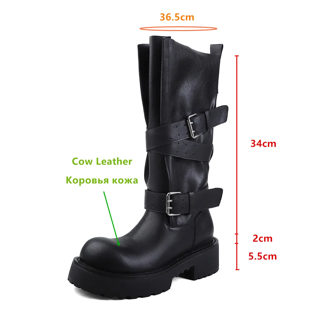 Aucegi Genuine Leather Platform Block Heels Women Belt Buckle Slip-On Knee High Boots Round Toe Fashion Modern Commuter Shoes