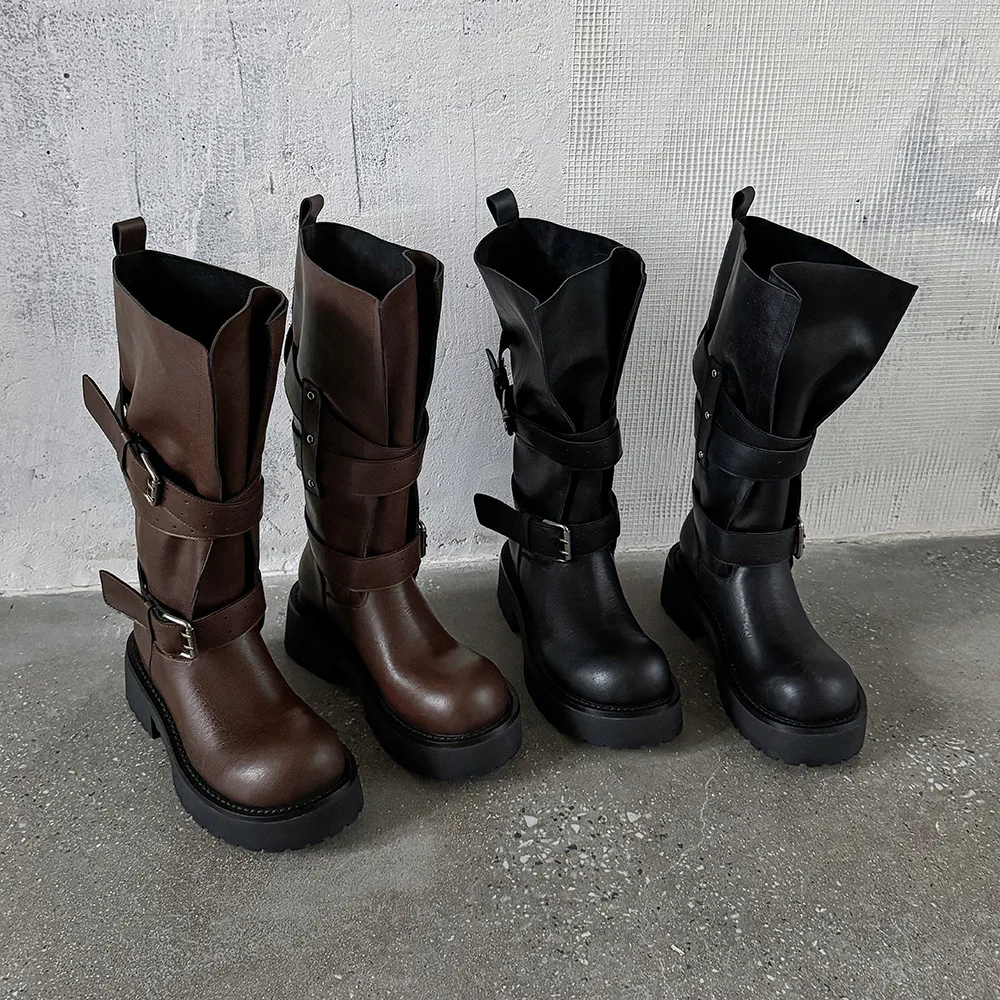 Aucegi Genuine Leather Platform Block Heels Women Belt Buckle Slip-On Knee High Boots Round Toe Fashion Modern Commuter Shoes