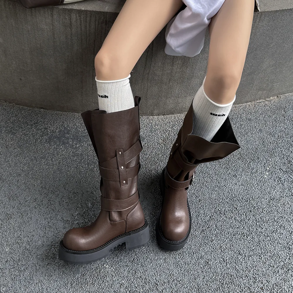 Aucegi Genuine Leather Platform Block Heels Women Belt Buckle Slip-On Knee High Boots Round Toe Fashion Modern Commuter Shoes