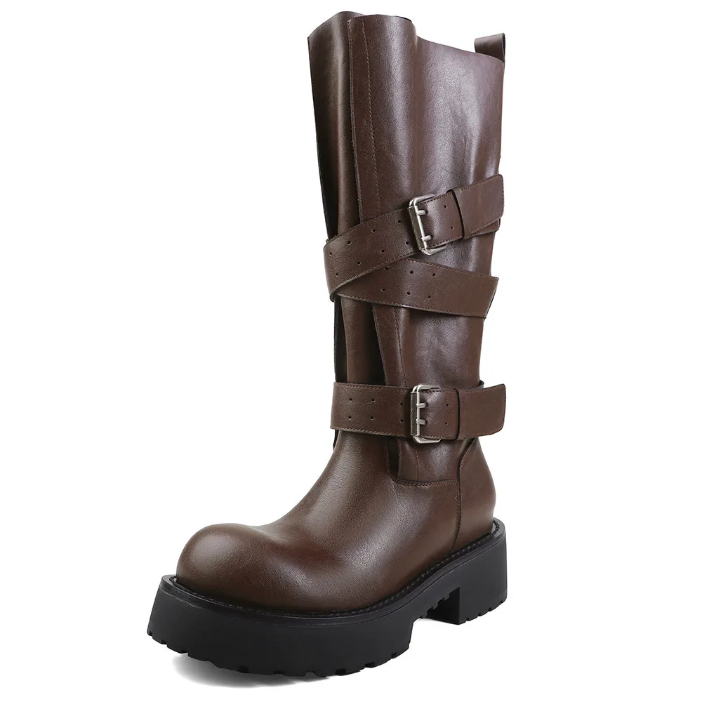 Aucegi Genuine Leather Platform Block Heels Women Belt Buckle Slip-On Knee High Boots Round Toe Fashion Modern Commuter Shoes