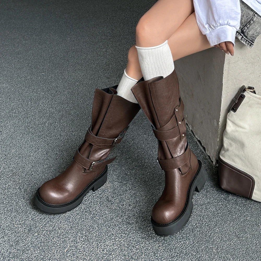 Aucegi Genuine Leather Platform Block Heels Women Belt Buckle Slip-On Knee High Boots Round Toe Fashion Modern Commuter Shoes