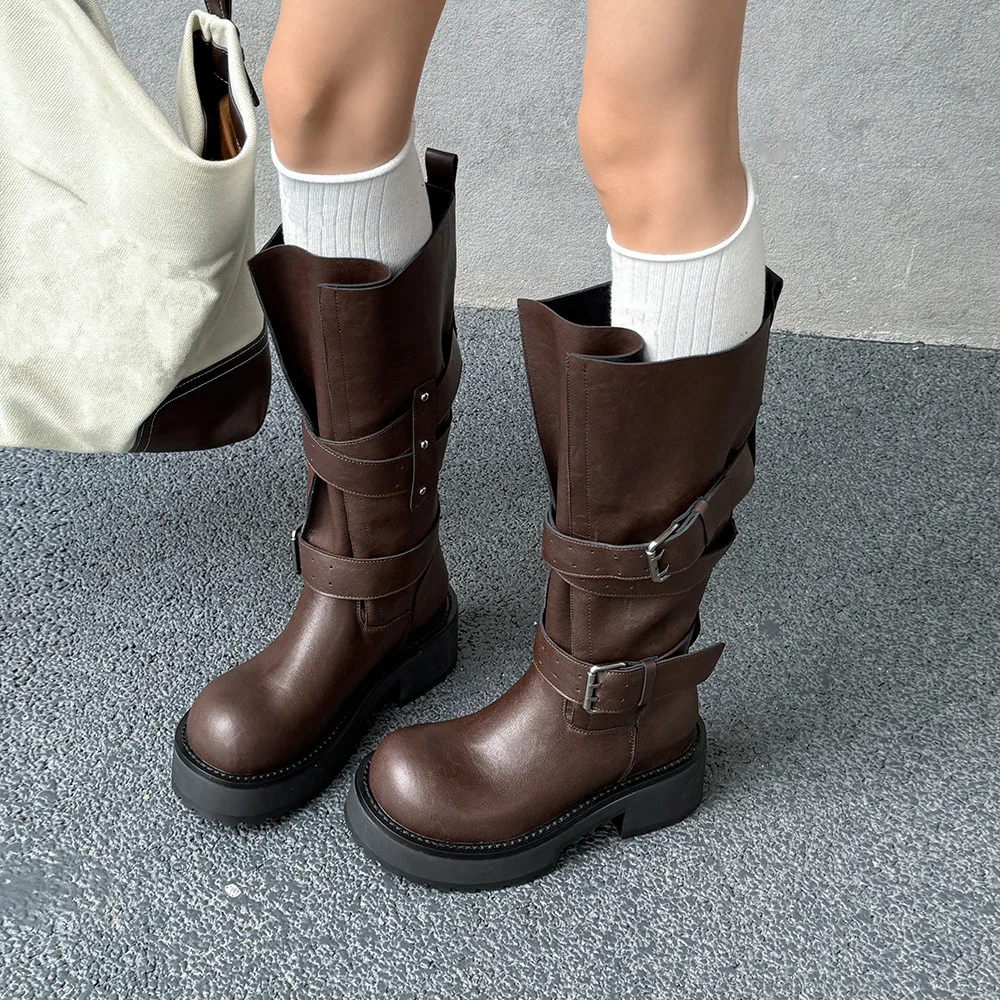 Aucegi Genuine Leather Platform Block Heels Women Belt Buckle Slip-On Knee High Boots Round Toe Fashion Modern Commuter Shoes