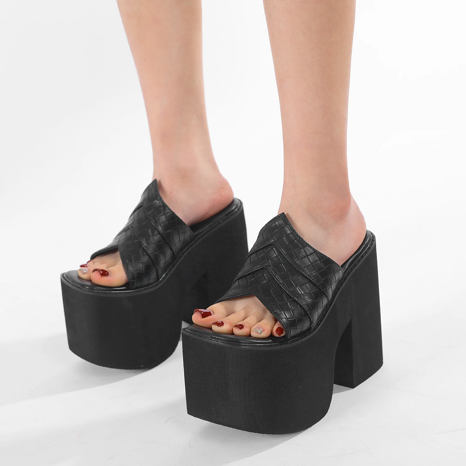 Gdgydh Black Platform Sandals for Women Wedge Heels Fashionable Strappy Back Open Toe Summer High Heel Sandals Slip-On Outdoor