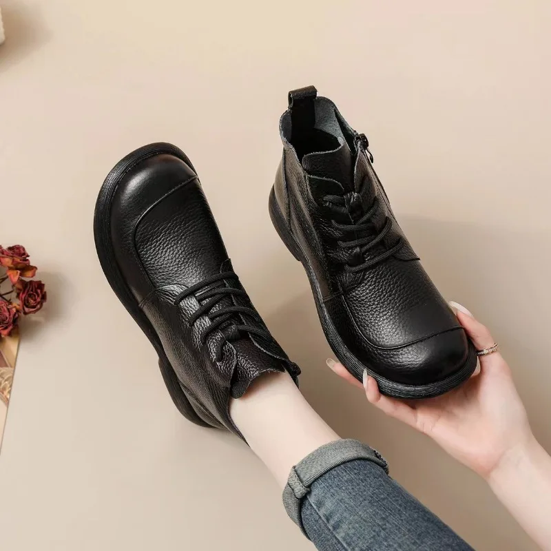 Genuine Leather Mother Shoes Women Ankle Boots Spring Autumn Retro Soft Cow Leather Brand Ladies Single Boots Plus Size 41 D623
