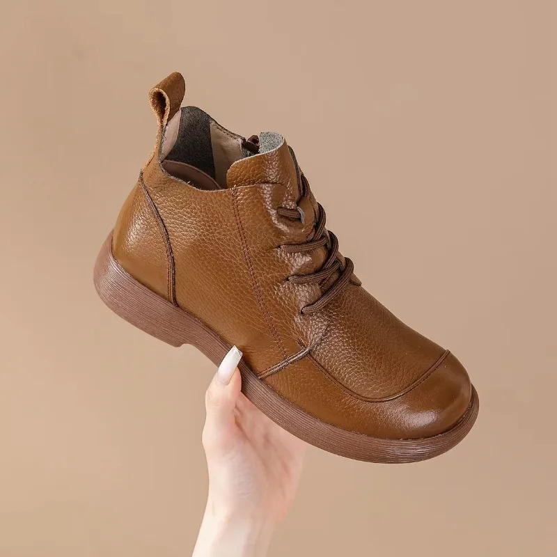 Genuine Leather Mother Shoes Women Ankle Boots Spring Autumn Retro Soft Cow Leather Brand Ladies Single Boots Plus Size 41 D623