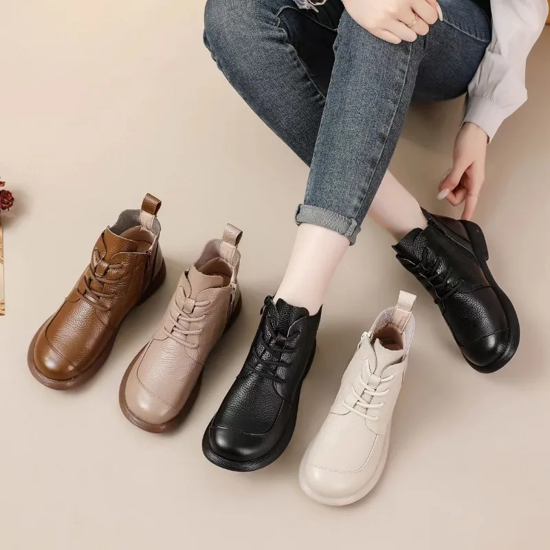 Genuine Leather Mother Shoes Women Ankle Boots Spring Autumn Retro Soft Cow Leather Brand Ladies Single Boots Plus Size 41 D623