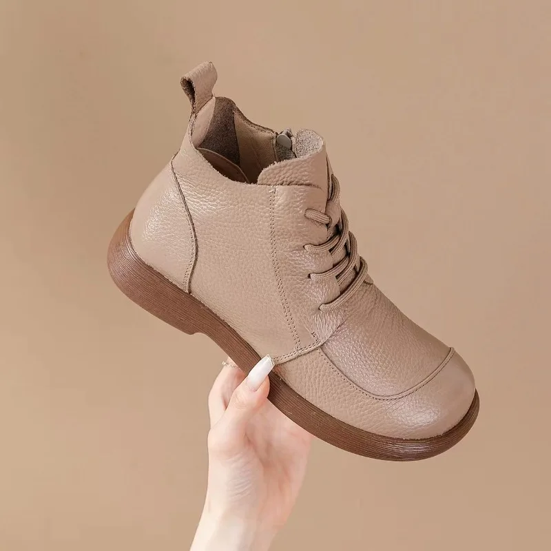 Genuine Leather Mother Shoes Women Ankle Boots Spring Autumn Retro Soft Cow Leather Brand Ladies Single Boots Plus Size 41 D623