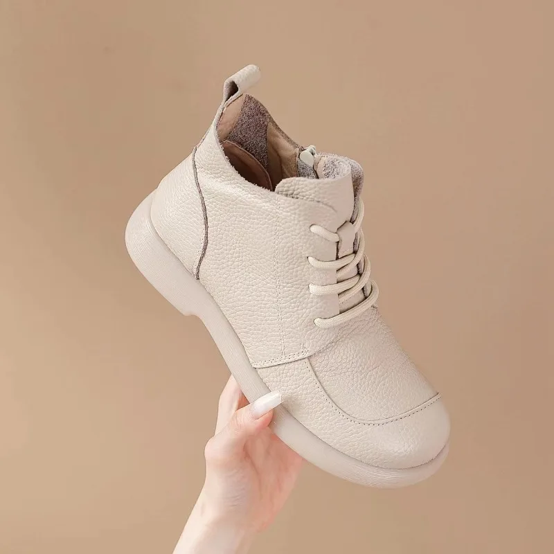 Genuine Leather Mother Shoes Women Ankle Boots Spring Autumn Retro Soft Cow Leather Brand Ladies Single Boots Plus Size 41 D623