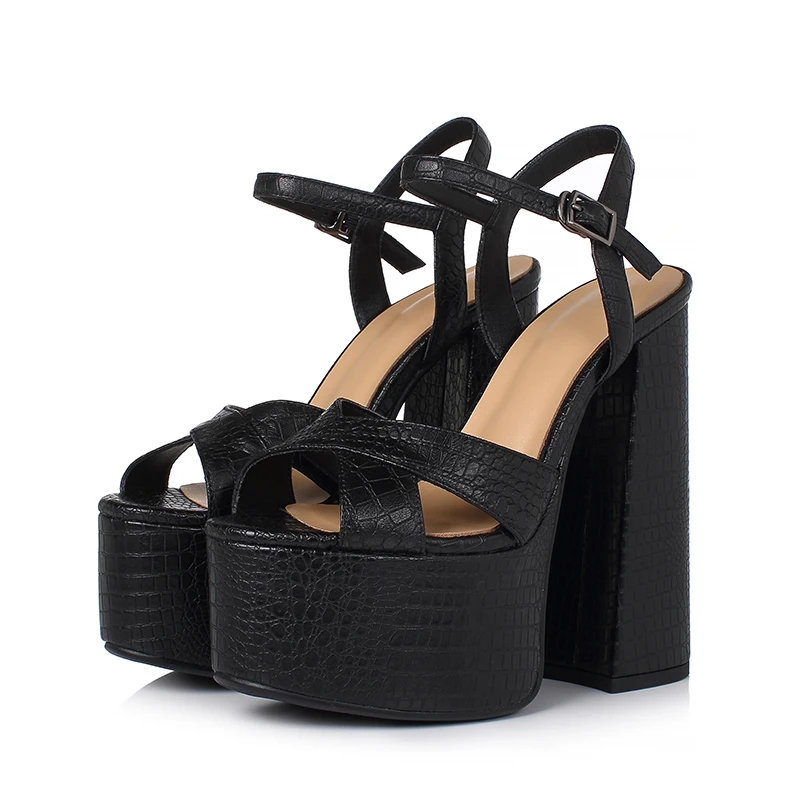 Arden Furtado Women's Summer Embossed Cowhide Platform Shoes Round Toe Super High Heel Sandals Large Size Commuter Footwear