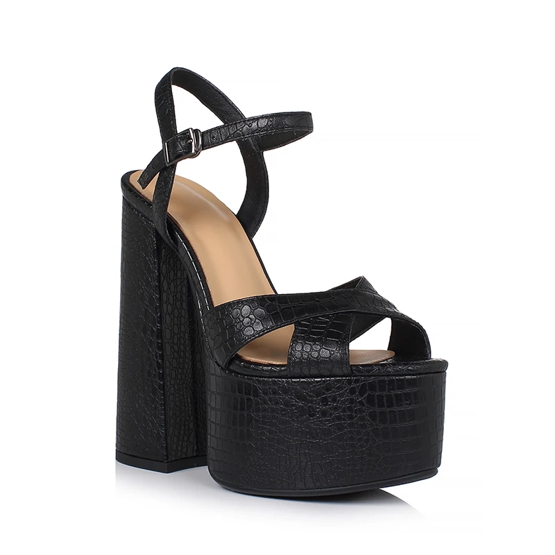 Arden Furtado Women's Summer Embossed Cowhide Platform Shoes Round Toe Super High Heel Sandals Large Size Commuter Footwear