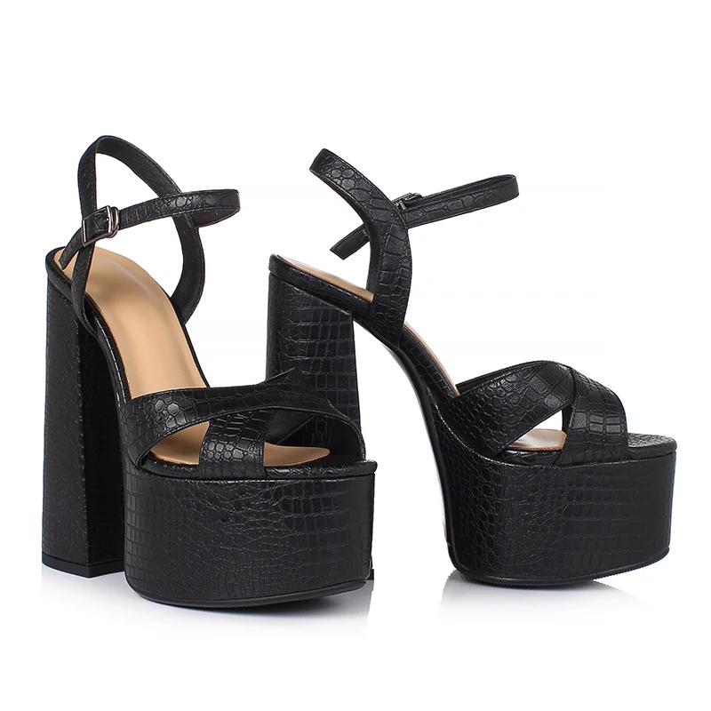 Arden Furtado Women's Summer Embossed Cowhide Platform Shoes Round Toe Super High Heel Sandals Large Size Commuter Footwear