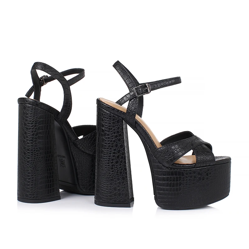 Arden Furtado Women's Summer Embossed Cowhide Platform Shoes Round Toe Super High Heel Sandals Large Size Commuter Footwear