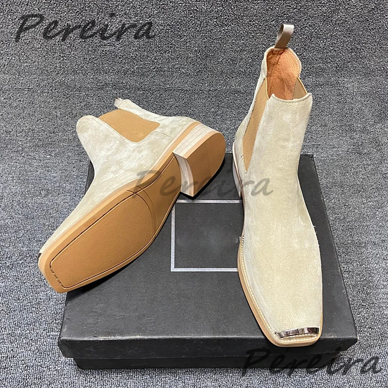 Men's Suede Leather Metal Toe Chelsea Boots British Retro Solid Color Med Heel Ankle Boots Autumn Winter New Cowhide Male Shoes