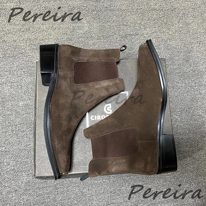 Men's Suede Leather Metal Toe Chelsea Boots British Retro Solid Color Med Heel Ankle Boots Autumn Winter New Cowhide Male Shoes