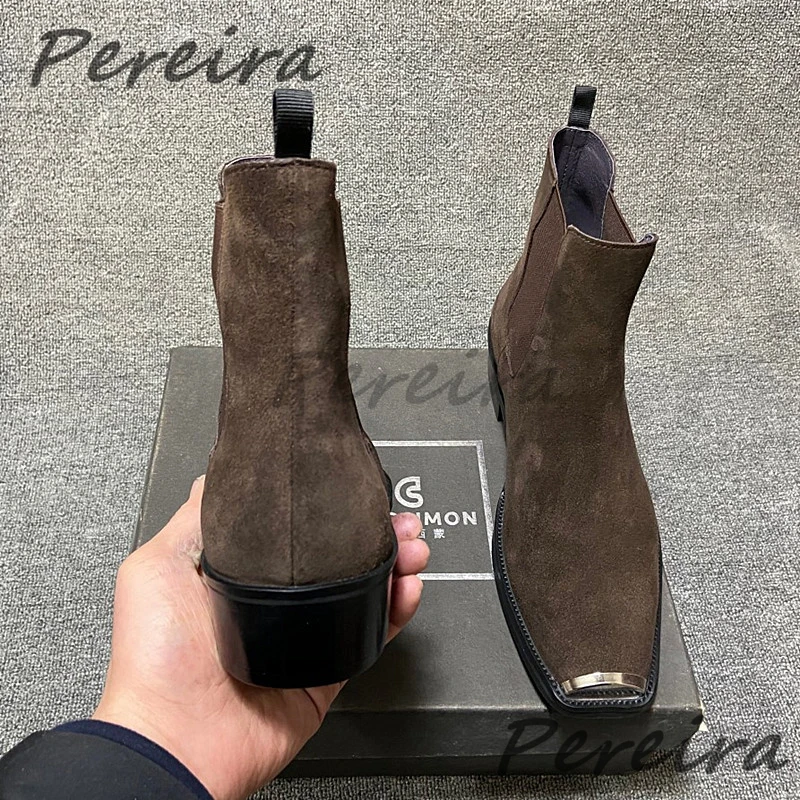 Men's Suede Leather Metal Toe Chelsea Boots British Retro Solid Color Med Heel Ankle Boots Autumn Winter New Cowhide Male Shoes