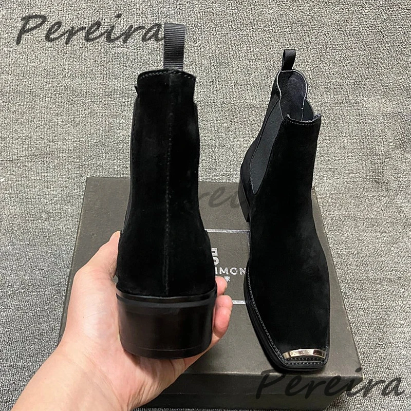 Men's Suede Leather Metal Toe Chelsea Boots British Retro Solid Color Med Heel Ankle Boots Autumn Winter New Cowhide Male Shoes