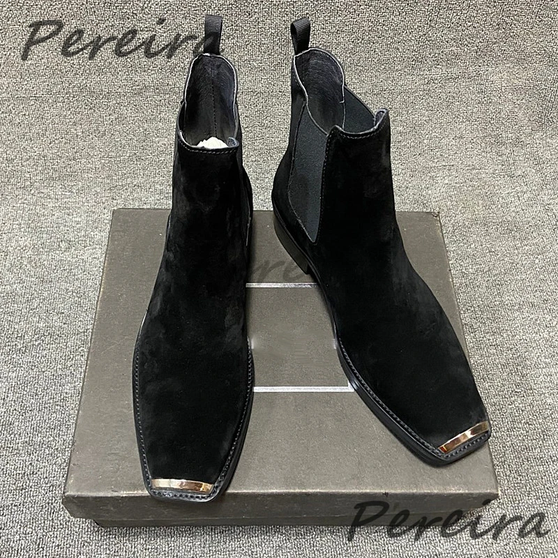 Men's Suede Leather Metal Toe Chelsea Boots British Retro Solid Color Med Heel Ankle Boots Autumn Winter New Cowhide Male Shoes