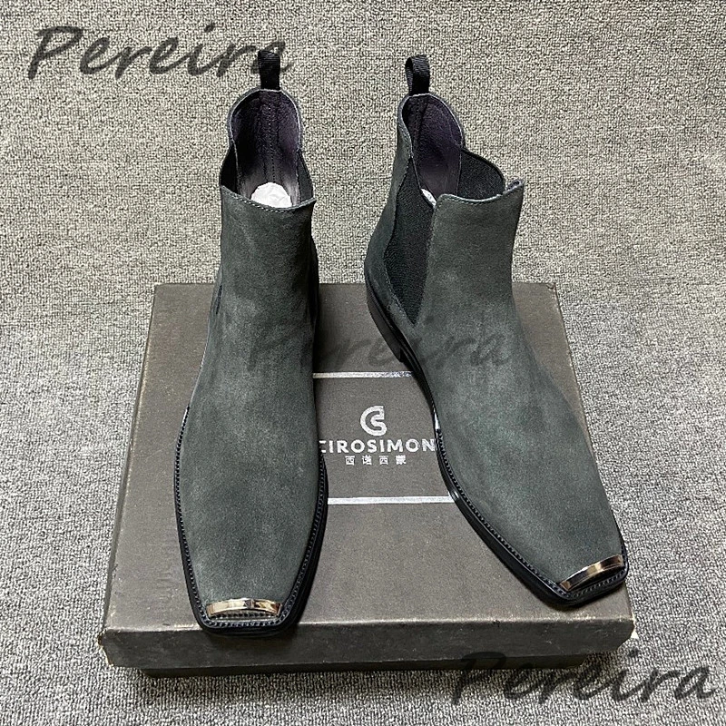 Men's Suede Leather Metal Toe Chelsea Boots British Retro Solid Color Med Heel Ankle Boots Autumn Winter New Cowhide Male Shoes