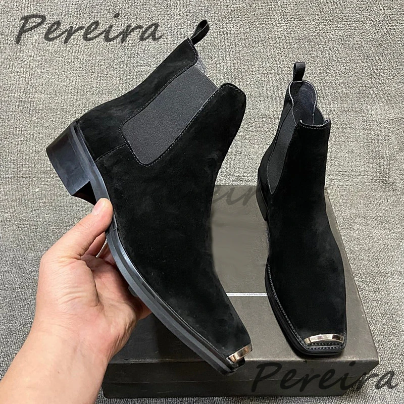 Men's Suede Leather Metal Toe Chelsea Boots British Retro Solid Color Med Heel Ankle Boots Autumn Winter New Cowhide Male Shoes