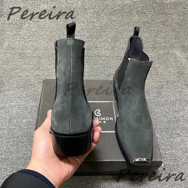 Men's Suede Leather Metal Toe Chelsea Boots British Retro Solid Color Med Heel Ankle Boots Autumn Winter New Cowhide Male Shoes