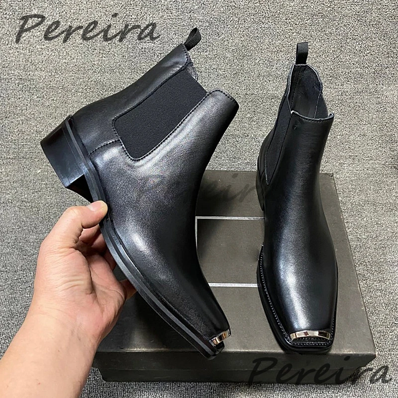 Men's Suede Leather Metal Toe Chelsea Boots British Retro Solid Color Med Heel Ankle Boots Autumn Winter New Cowhide Male Shoes