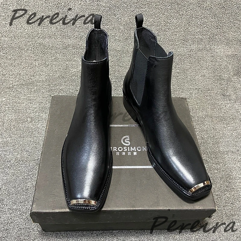 Men's Suede Leather Metal Toe Chelsea Boots British Retro Solid Color Med Heel Ankle Boots Autumn Winter New Cowhide Male Shoes