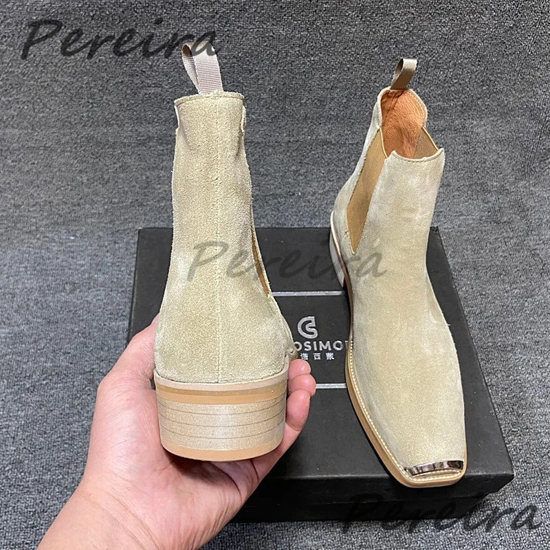 Men's Suede Leather Metal Toe Chelsea Boots British Retro Solid Color Med Heel Ankle Boots Autumn Winter New Cowhide Male Shoes