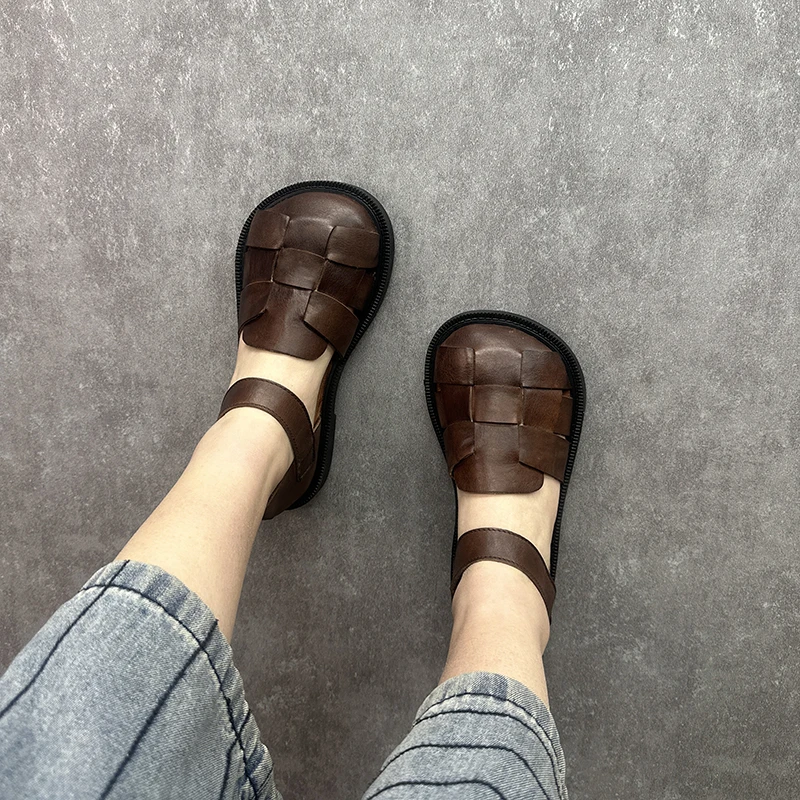 Birkuir Woven Closed Toe Sandals For Women Genuine Leather Soft Hollow Out Flat Heel Slides Ladies Big Head Casual Shoes Gift