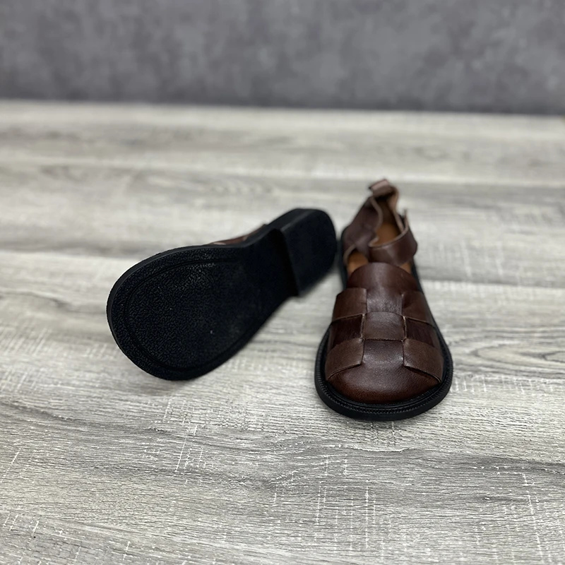 Birkuir Woven Closed Toe Sandals For Women Genuine Leather Soft Hollow Out Flat Heel Slides Ladies Big Head Casual Shoes Gift