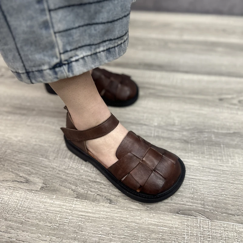 Birkuir Woven Closed Toe Sandals For Women Genuine Leather Soft Hollow Out Flat Heel Slides Ladies Big Head Casual Shoes Gift