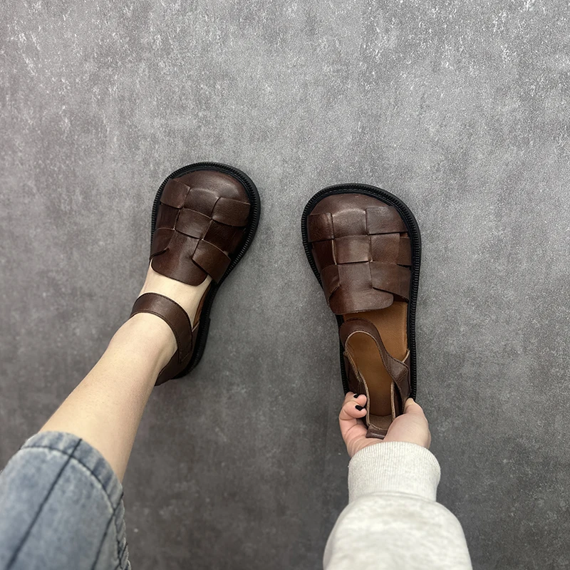 Birkuir Woven Closed Toe Sandals For Women Genuine Leather Soft Hollow Out Flat Heel Slides Ladies Big Head Casual Shoes Gift