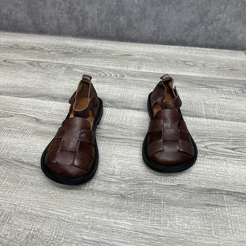 Birkuir Woven Closed Toe Sandals For Women Genuine Leather Soft Hollow Out Flat Heel Slides Ladies Big Head Casual Shoes Gift