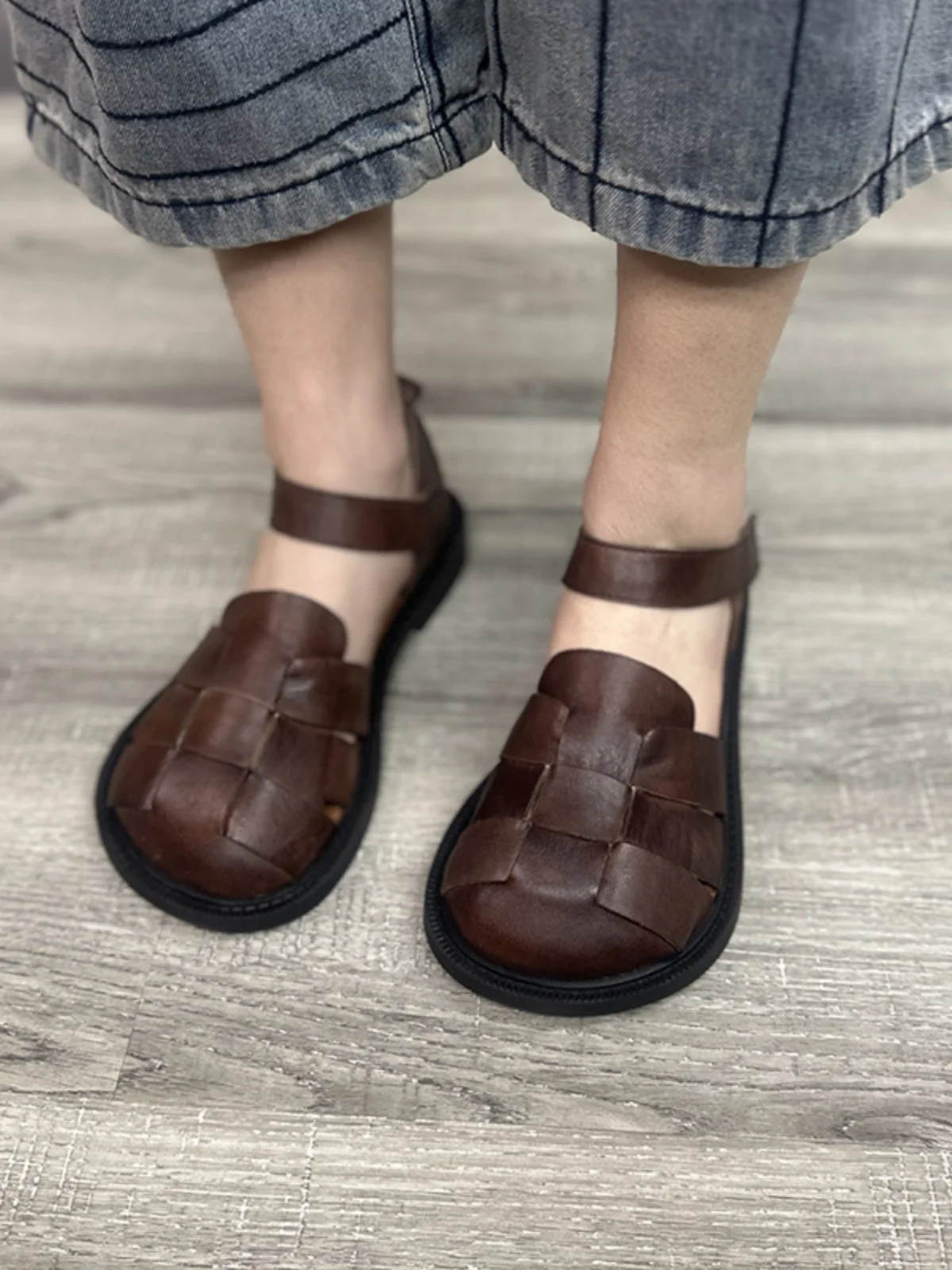 Birkuir Woven Closed Toe Sandals For Women Genuine Leather Soft Hollow Out Flat Heel Slides Ladies Big Head Casual Shoes Gift
