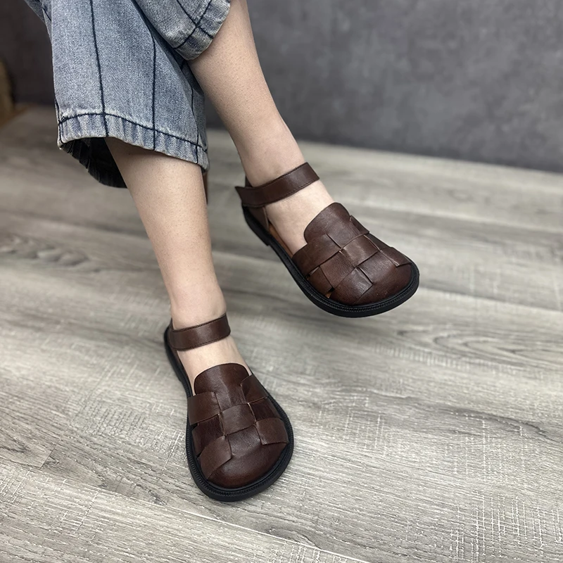 Birkuir Woven Closed Toe Sandals For Women Genuine Leather Soft Hollow Out Flat Heel Slides Ladies Big Head Casual Shoes Gift