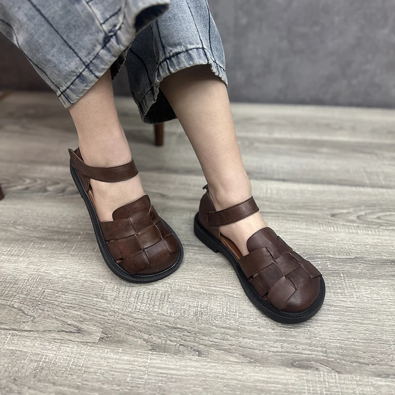 Birkuir Woven Closed Toe Sandals For Women Genuine Leather Soft Hollow Out Flat Heel Slides Ladies Big Head Casual Shoes Gift