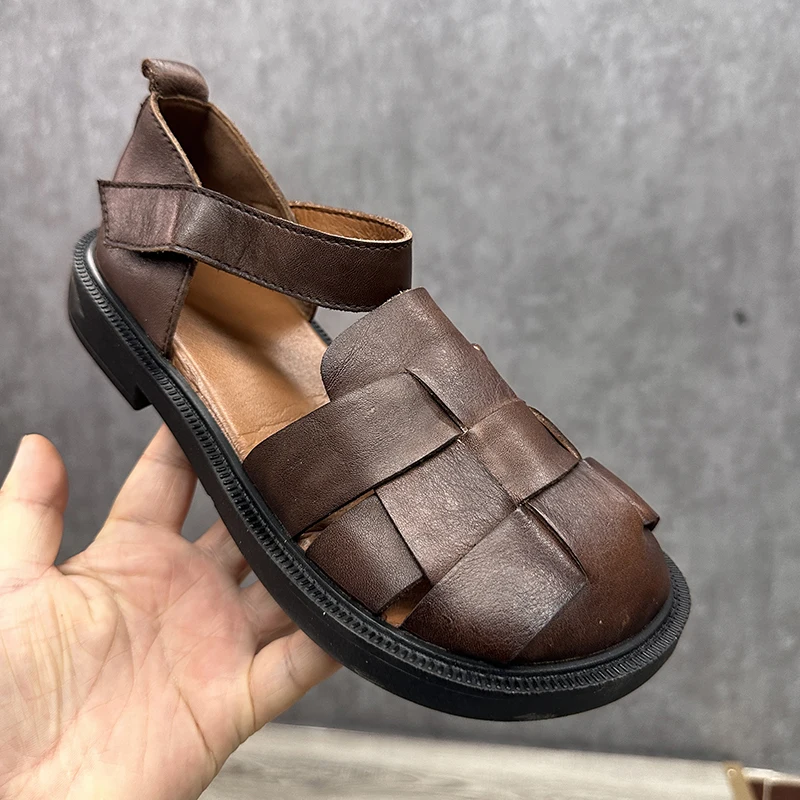 Birkuir Woven Closed Toe Sandals For Women Genuine Leather Soft Hollow Out Flat Heel Slides Ladies Big Head Casual Shoes Gift