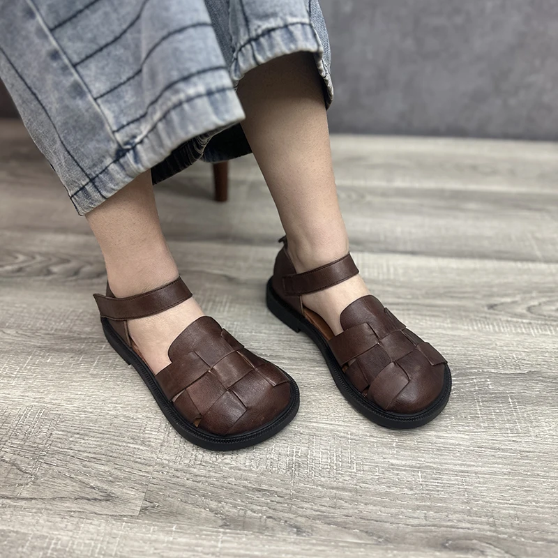 Birkuir Woven Closed Toe Sandals For Women Genuine Leather Soft Hollow Out Flat Heel Slides Ladies Big Head Casual Shoes Gift
