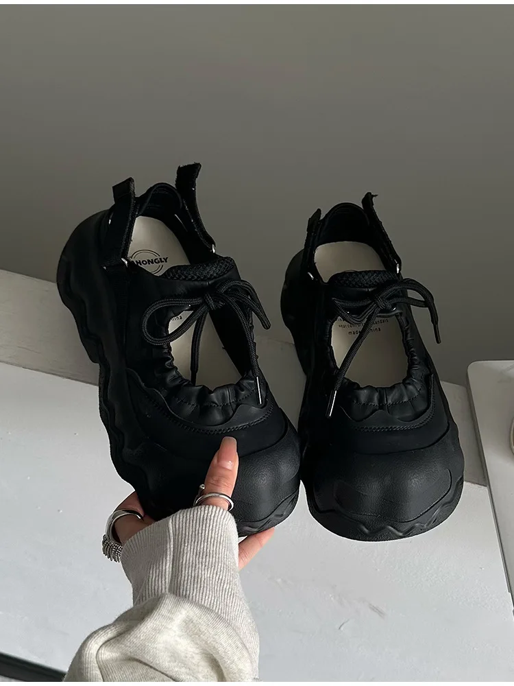 Summer Street Explosion 5CM Mary Jane Sandals Women's Wave Thick Bottom Lace Hollow Big Head Bread Shoes