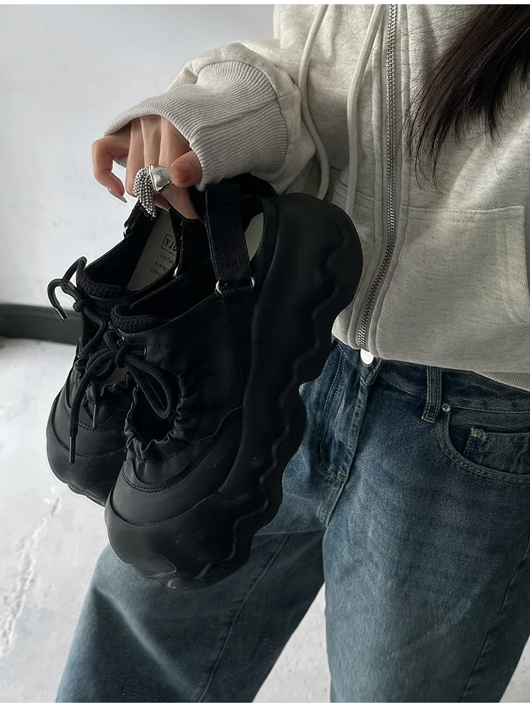 Summer Street Explosion 5CM Mary Jane Sandals Women's Wave Thick Bottom Lace Hollow Big Head Bread Shoes