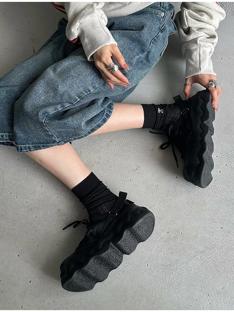 Summer Street Explosion 5CM Mary Jane Sandals Women's Wave Thick Bottom Lace Hollow Big Head Bread Shoes