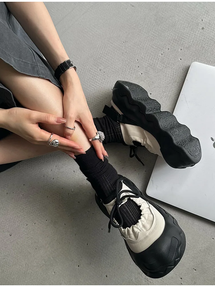 Summer Street Explosion 5CM Mary Jane Sandals Women's Wave Thick Bottom Lace Hollow Big Head Bread Shoes