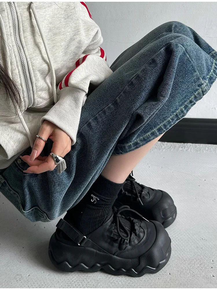 Summer Street Explosion 5CM Mary Jane Sandals Women's Wave Thick Bottom Lace Hollow Big Head Bread Shoes