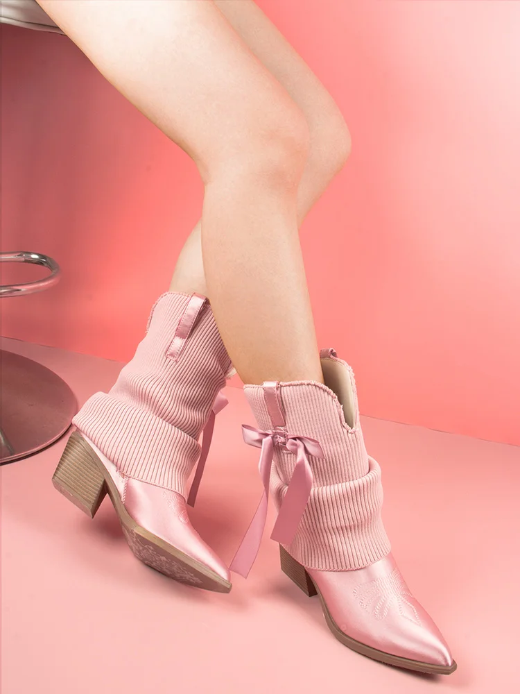 GMQM 2025 New Western Ankle Boots Bows For Women Fold Over Cowgirl Satin Booties Pointed Toe Cowboy Booties Pull On Chunky Heel