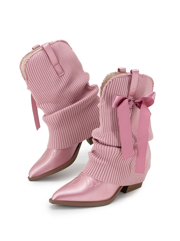 GMQM 2025 New Western Ankle Boots Bows For Women Fold Over Cowgirl Satin Booties Pointed Toe Cowboy Booties Pull On Chunky Heel