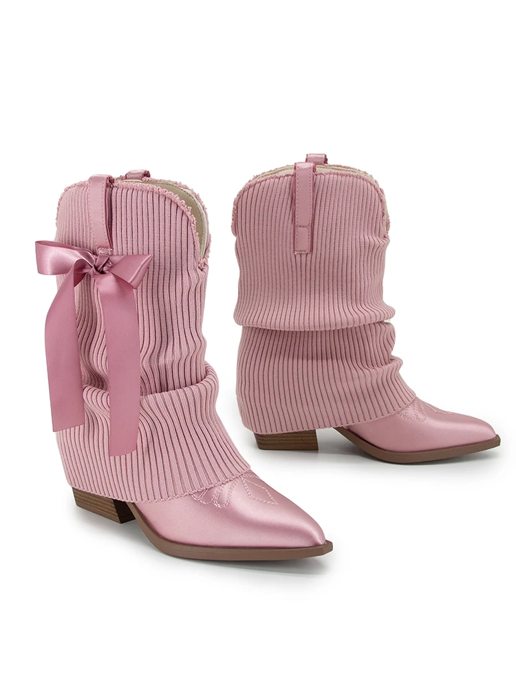GMQM 2025 New Western Ankle Boots Bows For Women Fold Over Cowgirl Satin Booties Pointed Toe Cowboy Booties Pull On Chunky Heel